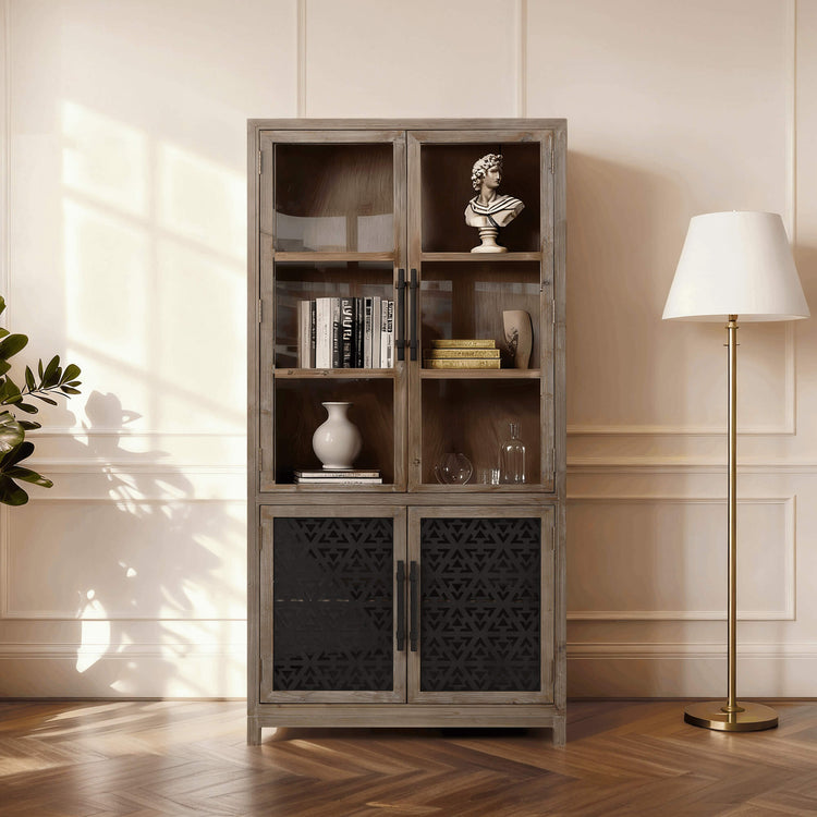 83'' Ethan Farmhouse Tall Display Cabinet Sideboard with glass doors and patterned metal inserts.