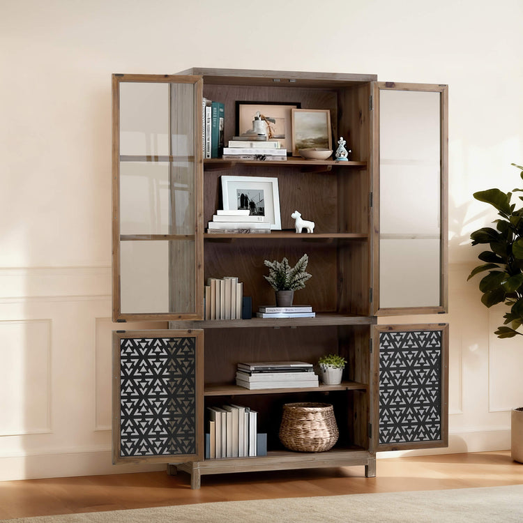 83'' Ethan Farmhouse Tall Display Cabinet Sideboard with clear glass upper doors and geometric patterned lower doors.