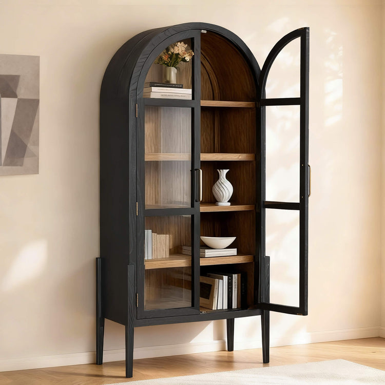 83" Kyle Arched Tall Cabinet Sideboard in black, featuring an arched top, tempered glass doors, and brass handles.