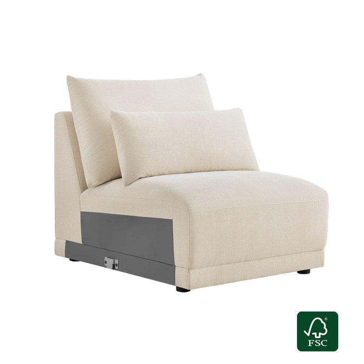 Daisy armless chair in linen fabric with textured upholstery and lumbar pillow