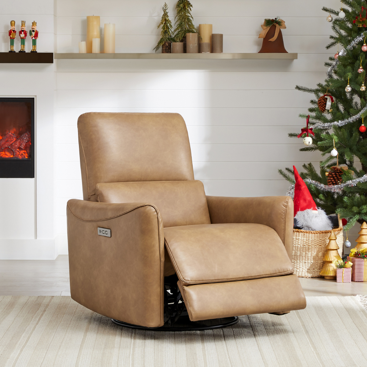 CHITA LIVING-Tracee Power Swivel Nursery Recliner With Type-C Charge-Recliners-Faux Leather-Saddle Brown-