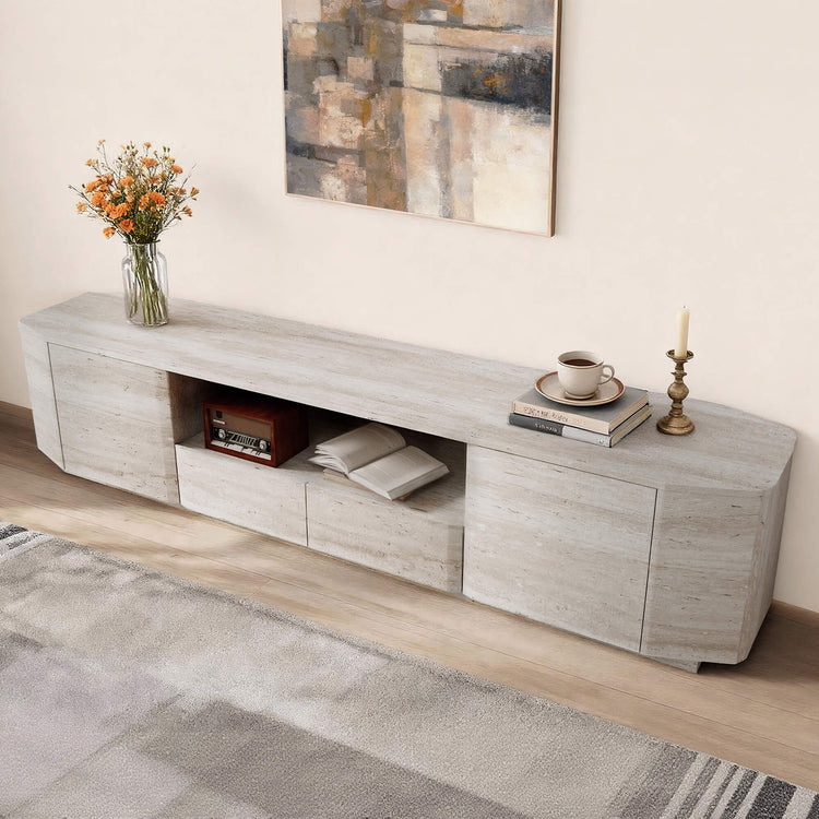 79" Aaron Modern Travertine TV Console with push-to-open cabinets and open shelf.