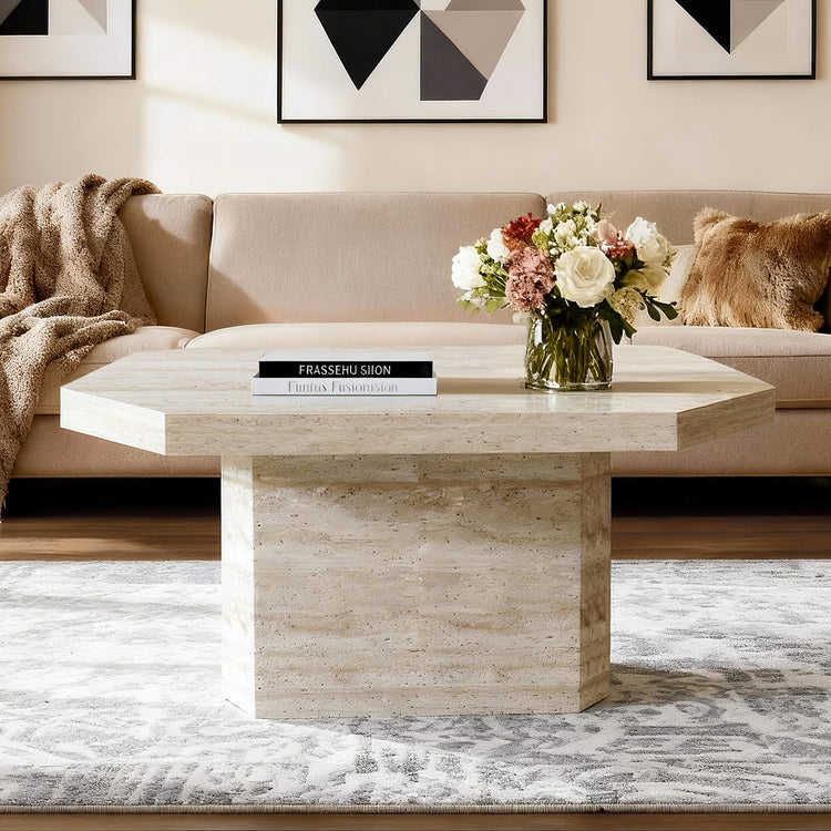Aaron Midcentury Octagon Travertine Coffee Table with books and flowers