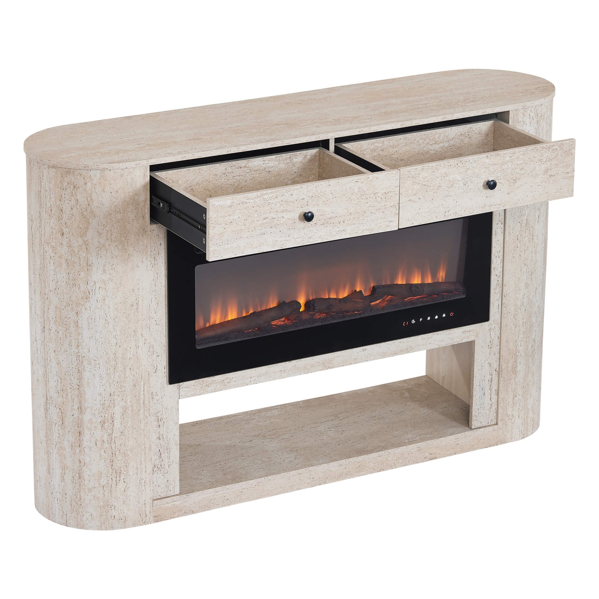 63" Aaron Travertine Electric Fireplace Sideboard with open drawers and glowing fireplace.