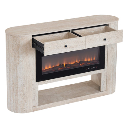 63" Aaron Travertine Electric Fireplace Sideboard with open drawers and glowing fireplace.
