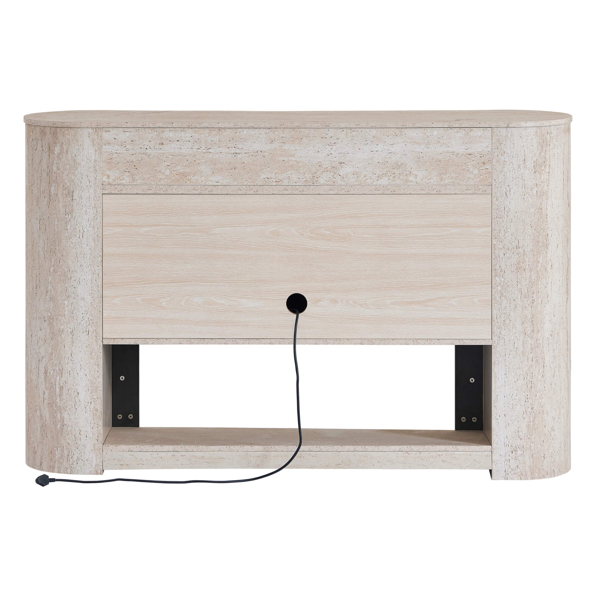 White 63" Aaron Travertine Electric Fireplace Sideboard, rounded travertine sides, wood grain center panel with cable cutout.