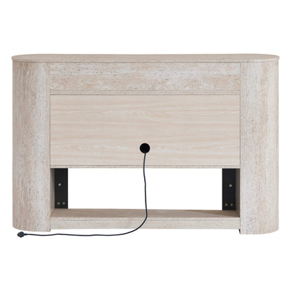 White 63" Aaron Travertine Electric Fireplace Sideboard, rounded travertine sides, wood grain center panel with cable cutout.