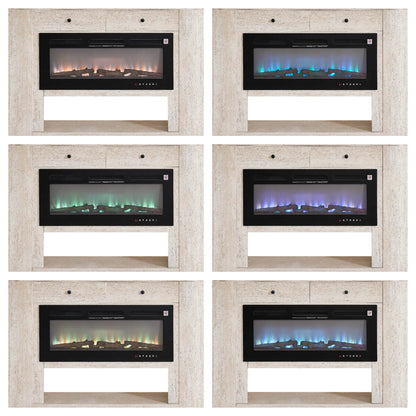 63" Aaron Travertine Electric Fireplace Sideboard showcasing adjustable flame colors: orange, blue, green, and purple.
