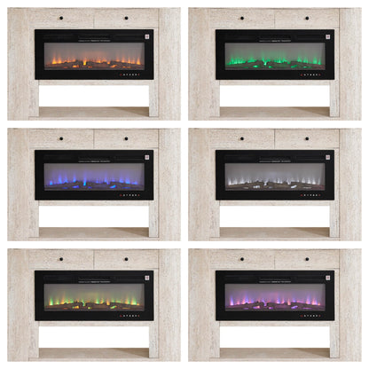 63" Aaron Travertine Electric Fireplace Sideboard with customizable flame colors: orange, green, blue, white, and purple.