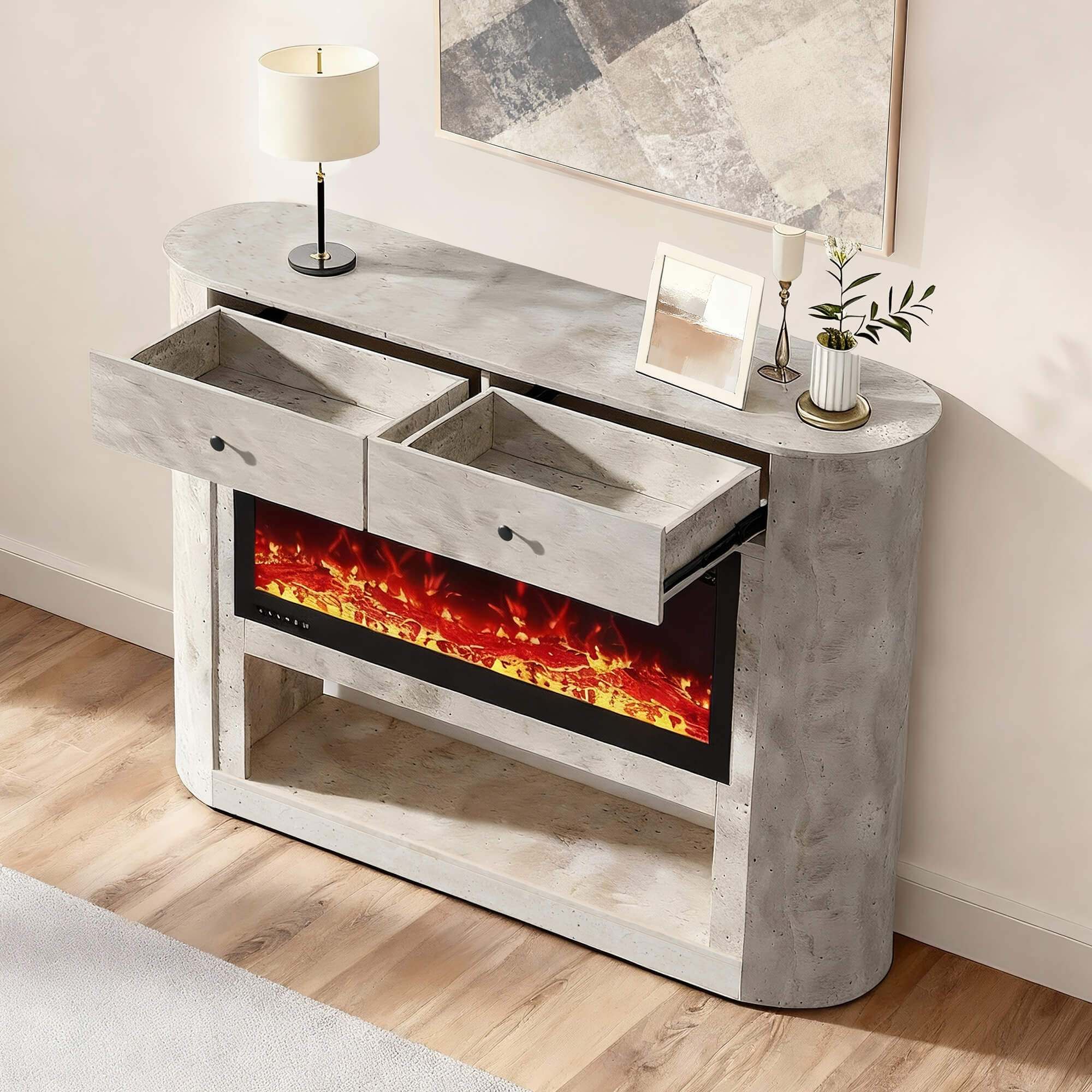 63" Aaron Travertine Electric Fireplace Sideboard