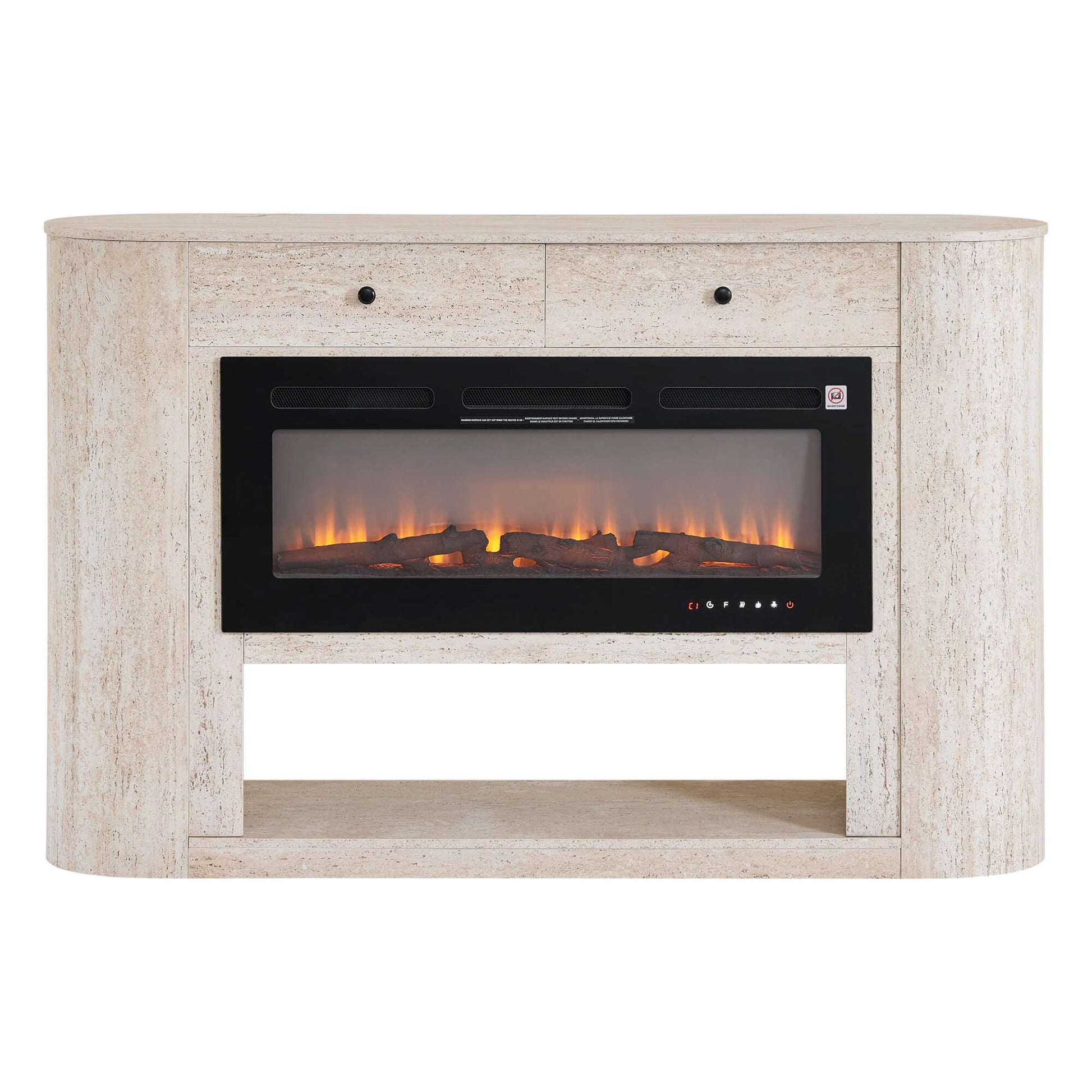 63" Aaron Travertine Electric Fireplace Sideboard with curved edges and a built-in fireplace emitting a warm glow.