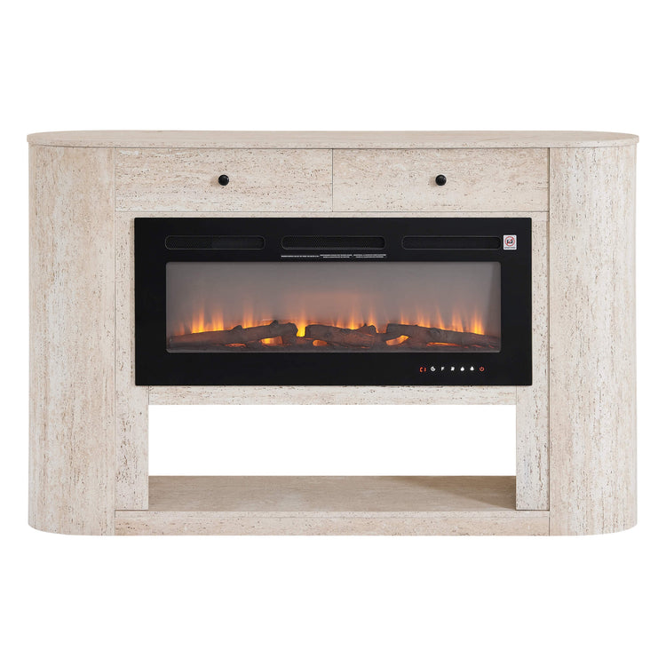 63" Aaron Travertine Electric Fireplace Sideboard with curved edges and a built-in fireplace emitting a warm glow.