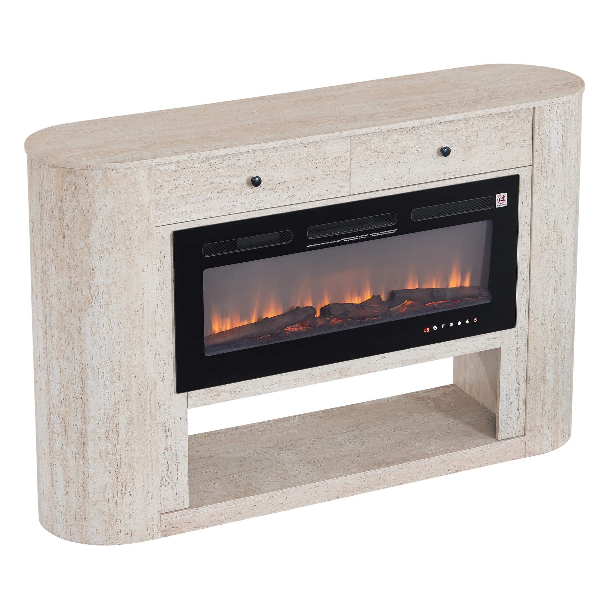 63" Aaron Travertine Electric Fireplace Sideboard with two drawers and open shelf. Features a realistic flame effect.