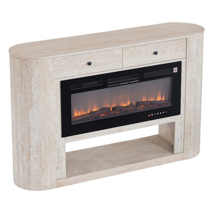 63" Aaron Travertine Electric Fireplace Sideboard with two drawers and open shelf. Features a realistic flame effect.