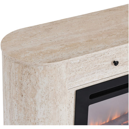 Close-up of the curved corner of a travertine fireplace sideboard with a black drawer pull.