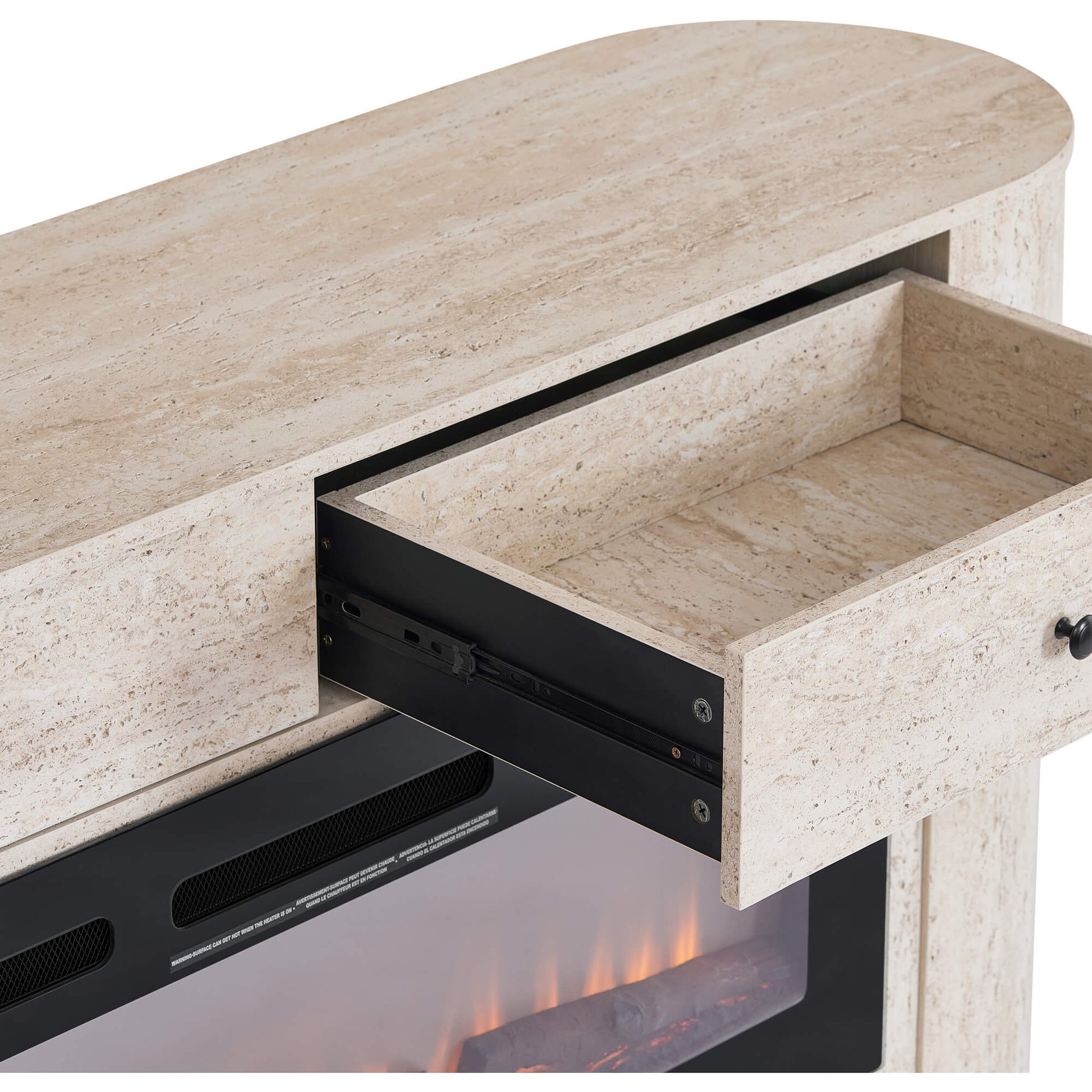 63" Aaron Travertine Sideboard: Open drawer detail showing smooth glides and textured travertine.