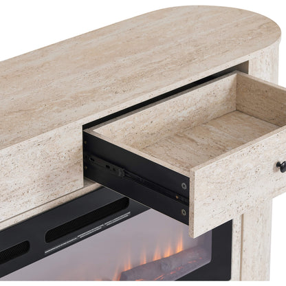 63" Aaron Travertine Sideboard: Open drawer detail showing smooth glides and textured travertine.
