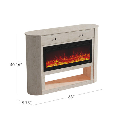 63" Aaron Travertine Electric Fireplace Sideboard with two drawers and open shelf