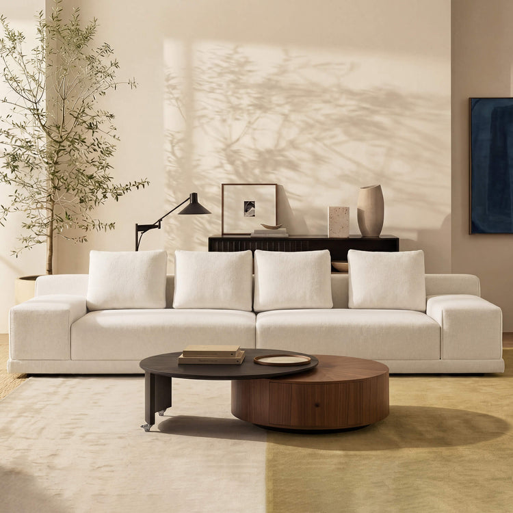 Alora 4-seater modern sofa in cream linen-blend upholstery with wide arms