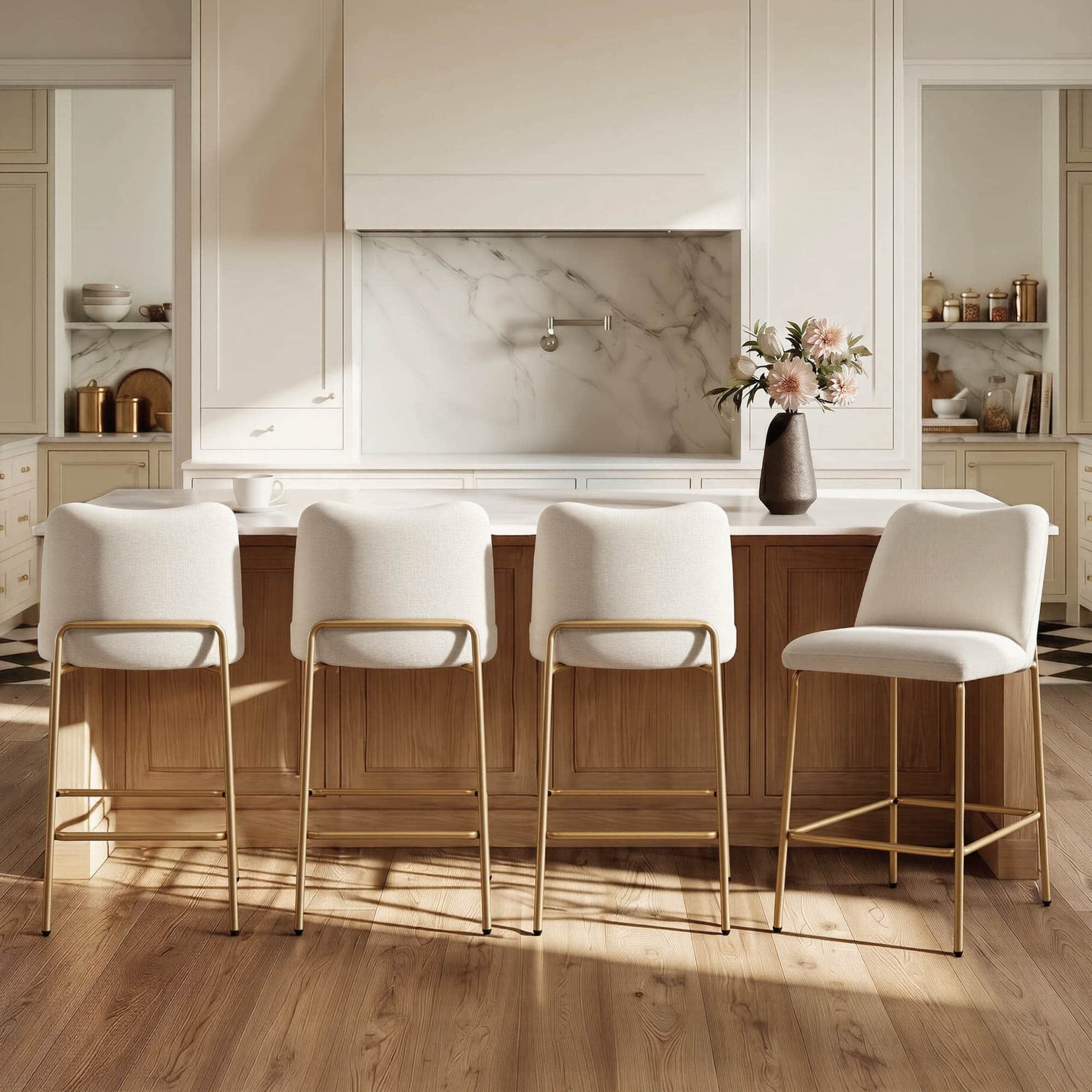 Amalia modern metal base barstools with white upholstered seats and gold frames
