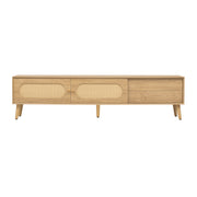 Right-angled front view of a light wood tv stand with rattan doors.