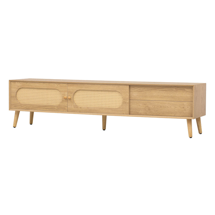 Wood tv stand with storage, rattan doors, central open shelf, front.