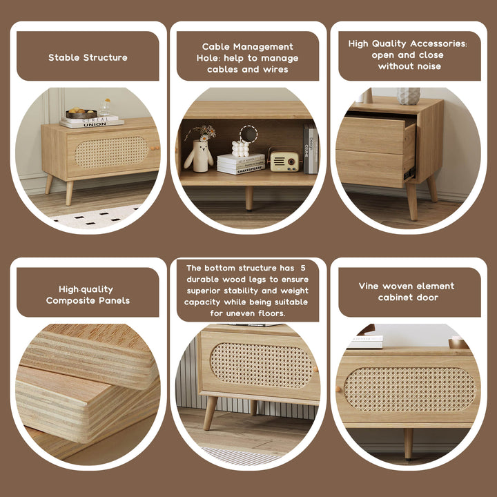 TV stand wood detailed features, close-ups of material and design.