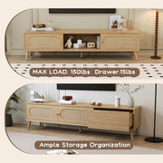 TV stand with storage wood functionality, shelf and drawer views shown.