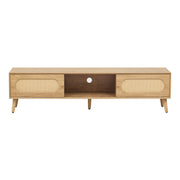 Light wood tv stand, central dark open shelf and rattan doors, front.