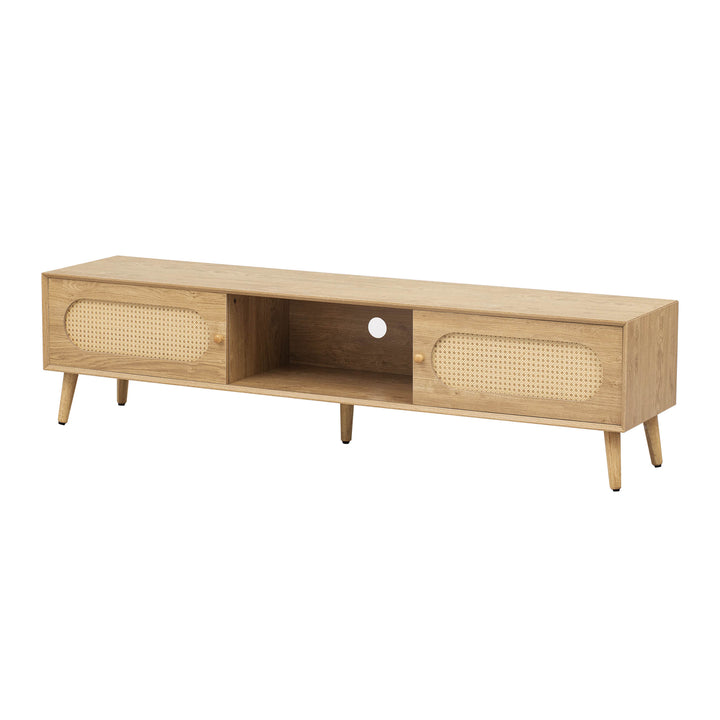 Angled wood tv stand with storage, dark shelf, rattan doors.