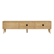 Back view of wood tv stand showing cable management holes.