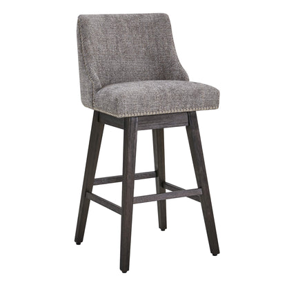 Gray Asher swivel bar stool with silver nailhead trim and wooden legs - CHITA Living