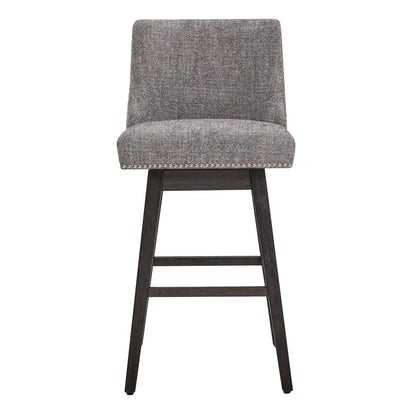 Front view of Asher swivel stool in gray upholstery with silver nailhead trim on wooden legs - CHITA Living