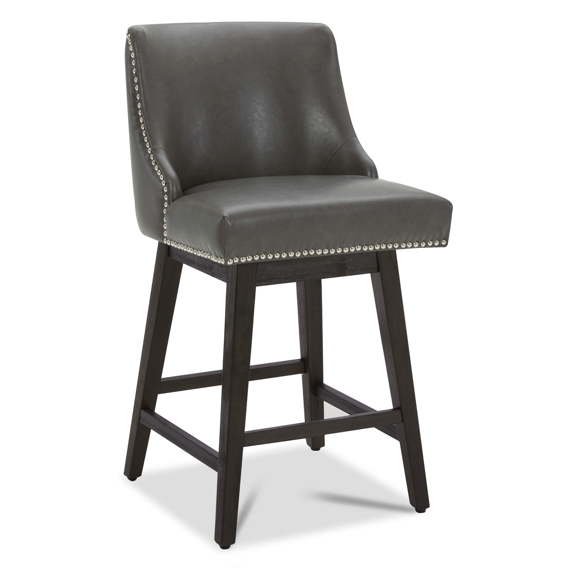 Asher swivel bar stool in gray faux leather with silver nailhead trim and wooden legs - CHITA Living