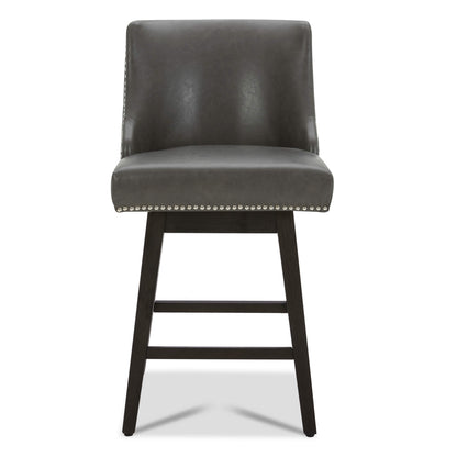 Asher swivel bar stool in gray faux leather with silver nailhead trim and dark wooden legs - CHITA Living