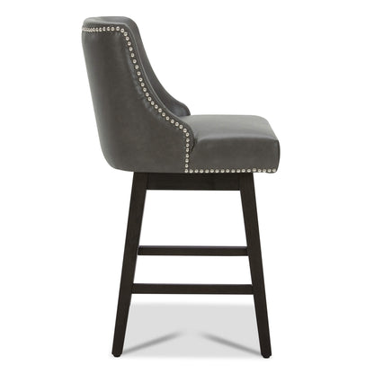 Asher swivel stool in gray upholstery with silver nailhead trim and sturdy wooden legs - CHITA Living