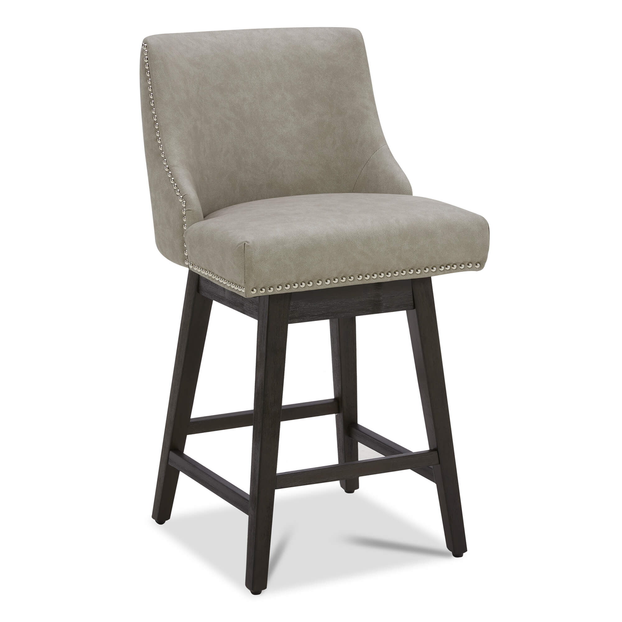 Light gray Asher swivel bar stool with silver nailhead trim and wooden legs - CHITA Living