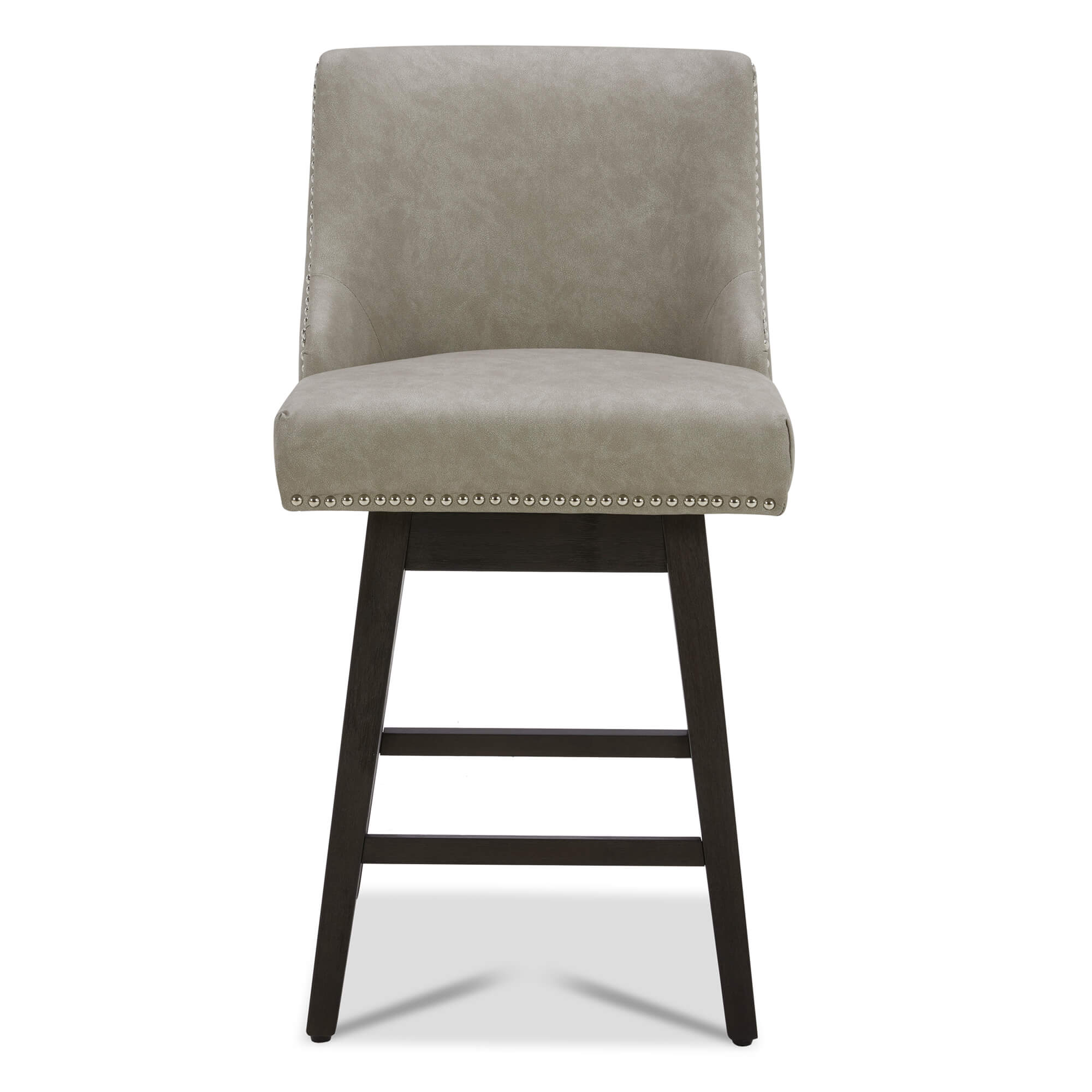 Asher swivel bar stool in light gray upholstery with silver nailhead trim and wooden legs - CHITA Living