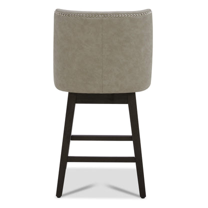 Back view of light gray Asher swivel stool with silver nailhead trim and dark wooden legs - CHITA Living