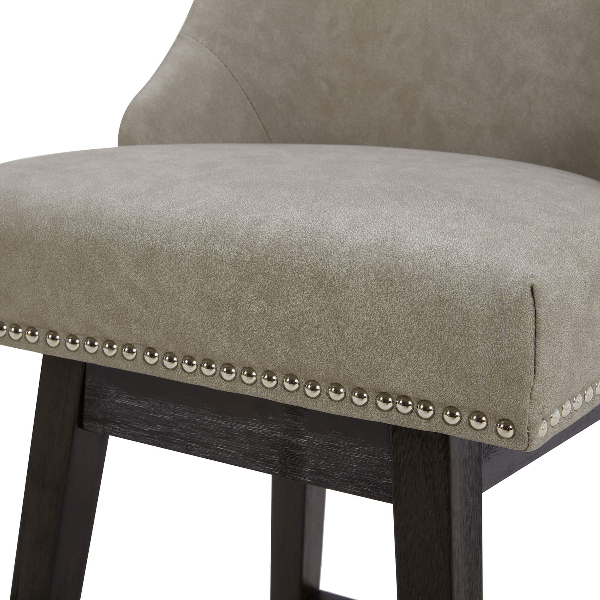 Close-up view of Asher swivel stool in light gray upholstery with silver nailhead trim - CHITA Living