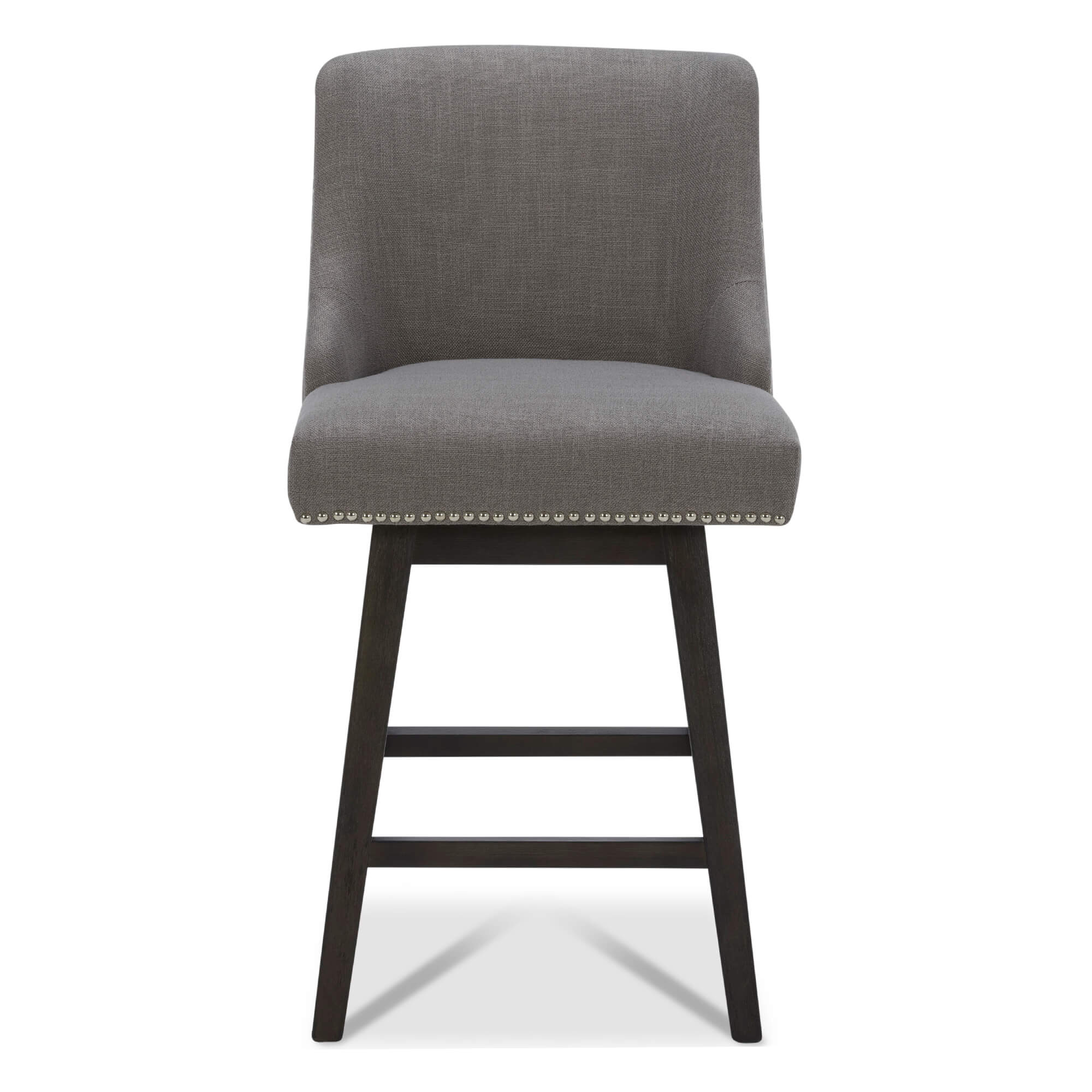 Asher swivel bar stool in gray fabric with silver nailhead trim and wooden legs - CHITA Living