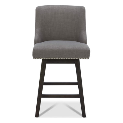 Asher swivel bar stool in gray fabric with silver nailhead trim and wooden legs - CHITA Living