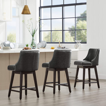 Asher swivel bar stools with nailhead trim in modern kitchen, gray upholstery and wooden legs - CHITA Living