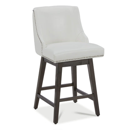 Asher swivel bar stool in white upholstery with silver nailhead trim and dark wooden legs - CHITA Living