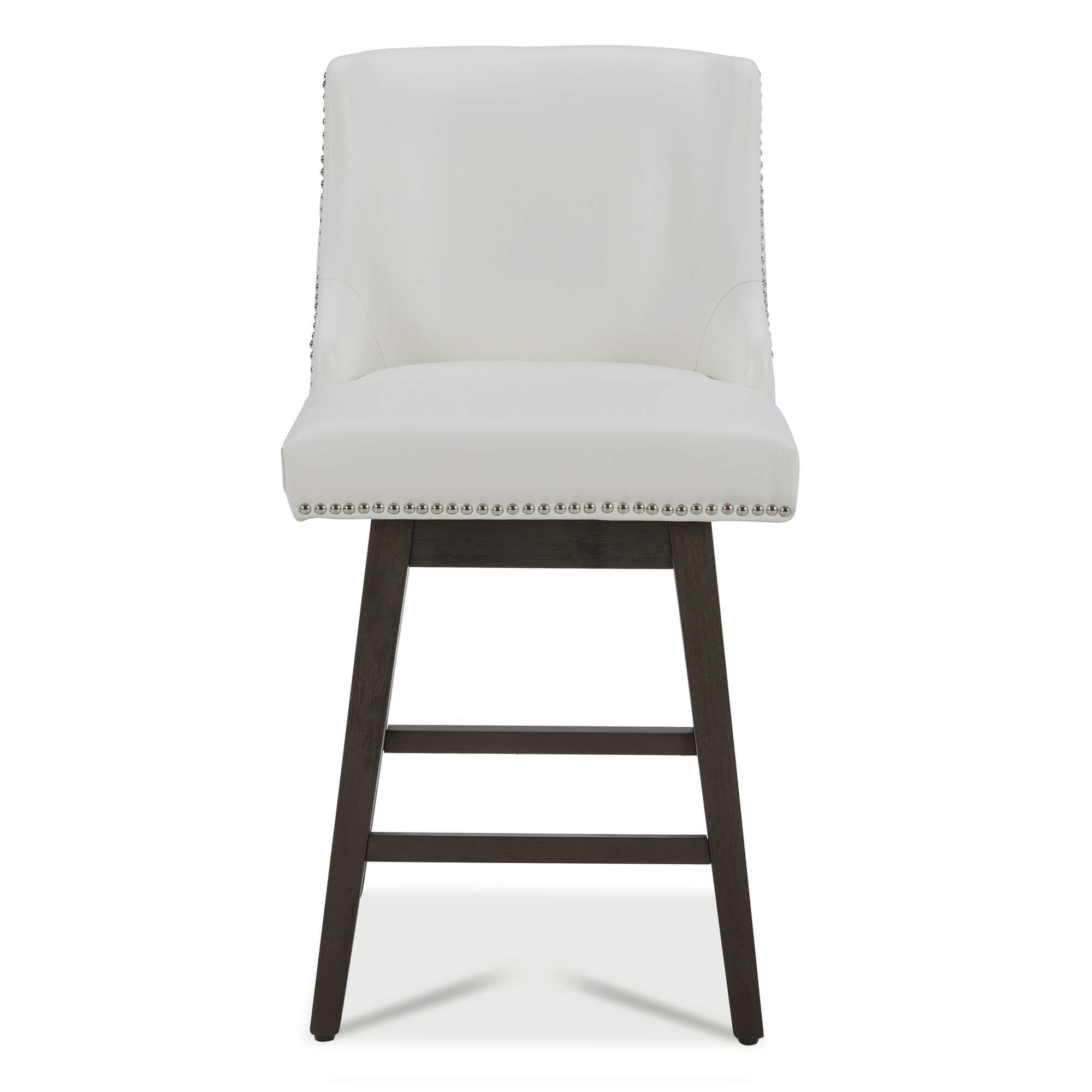 Asher swivel bar stool in white upholstery with silver nailhead trim and dark wooden legs - CHITA Living