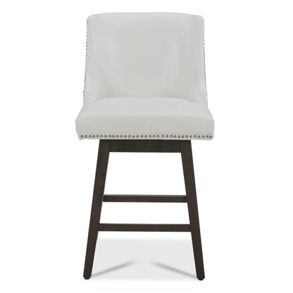 Asher swivel bar stool in white upholstery with silver nailhead trim and dark wooden legs - CHITA Living