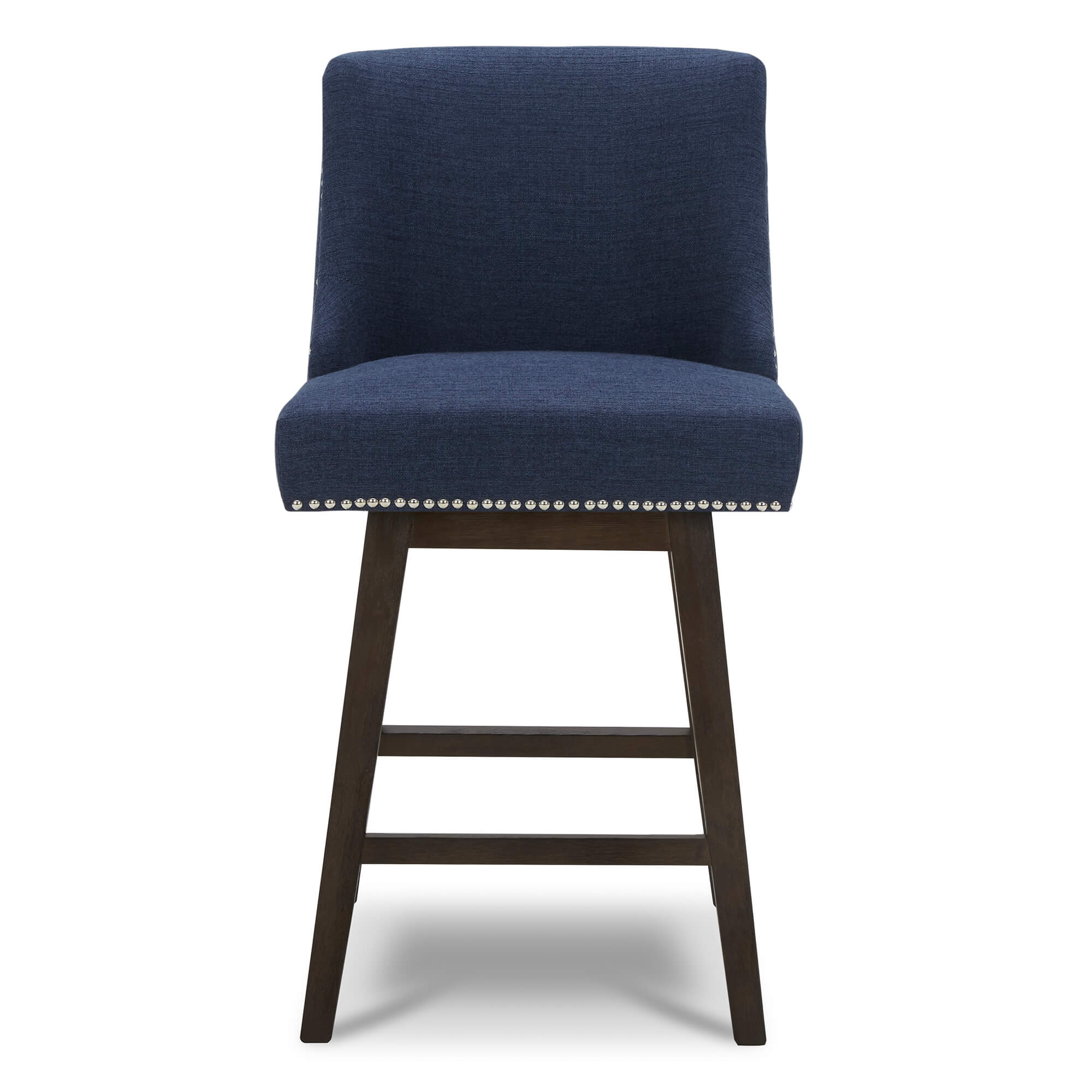 Navy Asher swivel bar stool with silver nailhead trim and dark wooden legs - CHITA Living