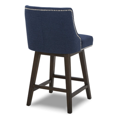 Navy Asher swivel bar stool with silver nailhead trim and dark wooden legs, back view - CHITA Living