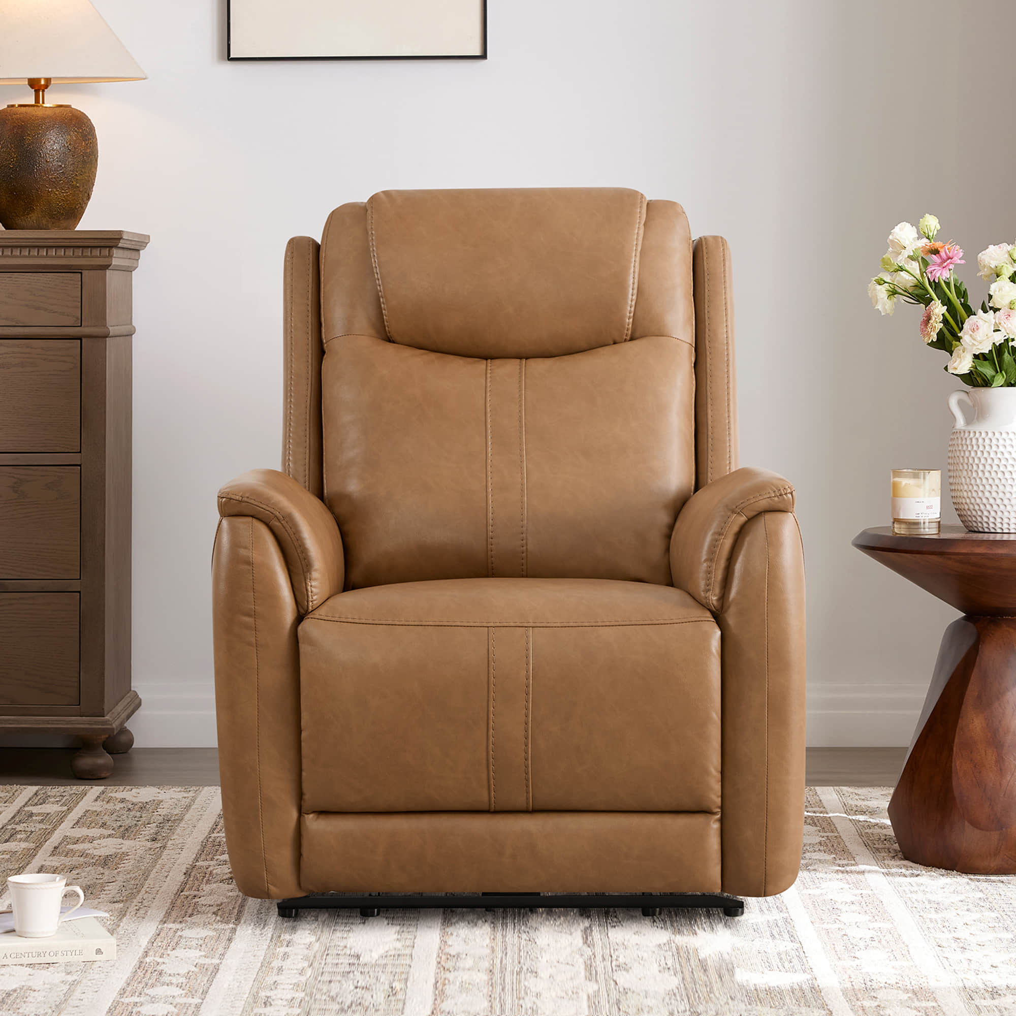 Tan Atlas modern zero-gravity power recliner with independent footrest, plush headrest, and double-layer armrests.