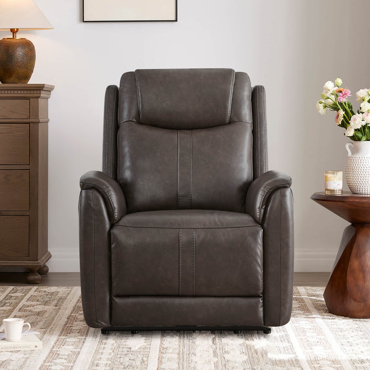 Atlas modern zero-gravity power recliner in tan faux leather with plush headrest and double-layer armrests.